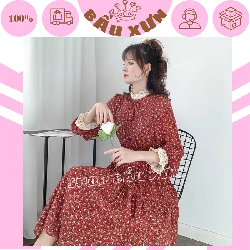 ĐẦM BẦU XUÔNG TIỂU THƯ THIẾT KẾ HOA NHÍ CÓ VIỀN REN-VÁY BẦU DÀI TAY THU ĐÔNG CÓ DÂY BUỘC TRANG NHÃ