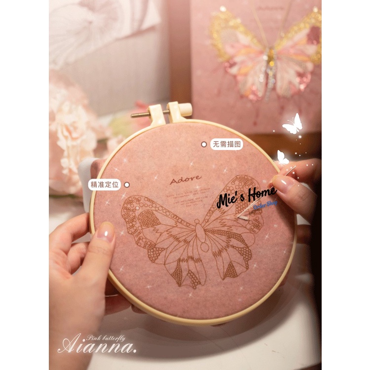Bộ Kit Gói Dụng Cụ Thêu Tay Thủ Công có đính Cườm Ngọc - Butterfly Hồ điệp - Nguyên liệu DIY Handmade Embroidery MIE
