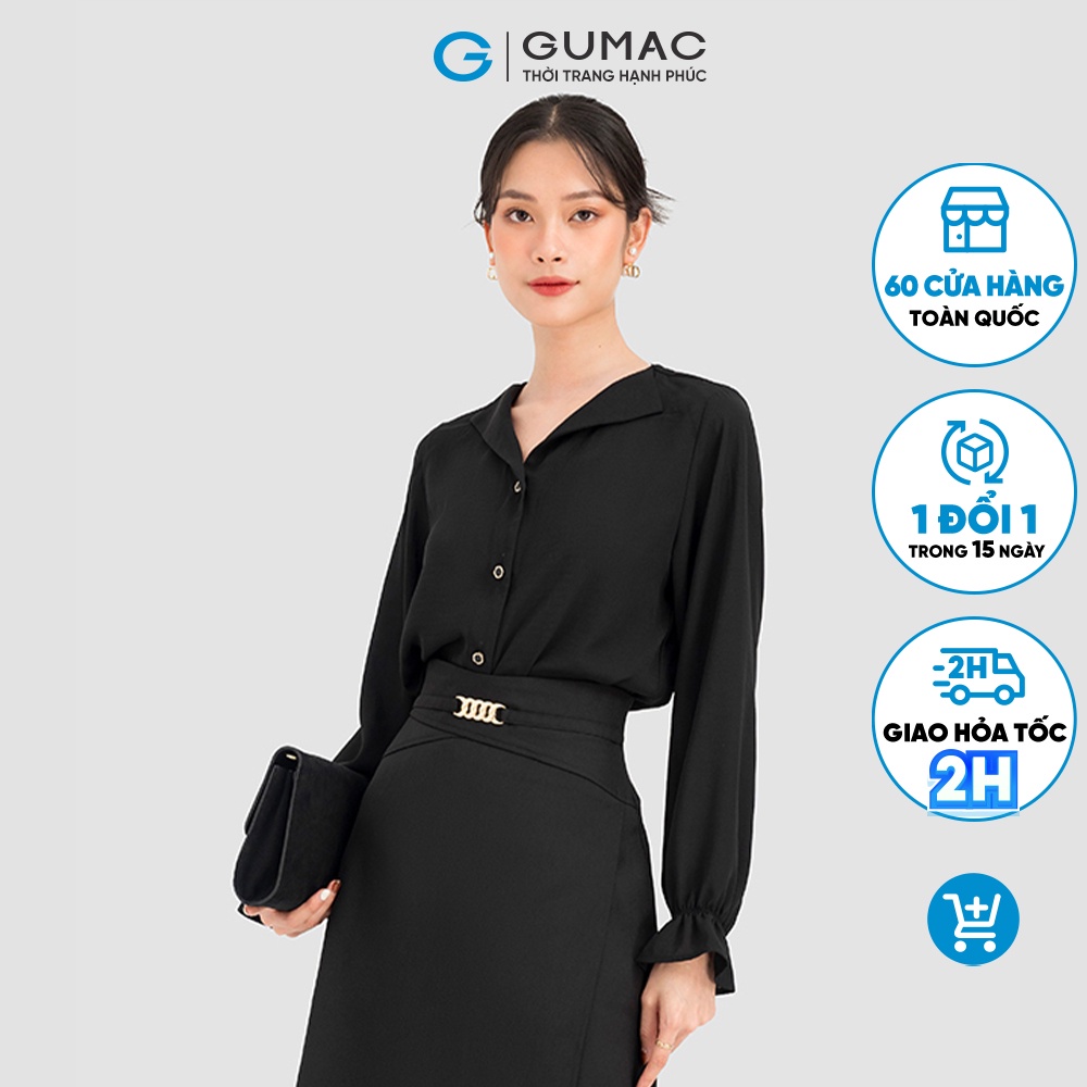 Áo sơ mi nữ GUMAC màu đen phối tay nhún bèo AC08081