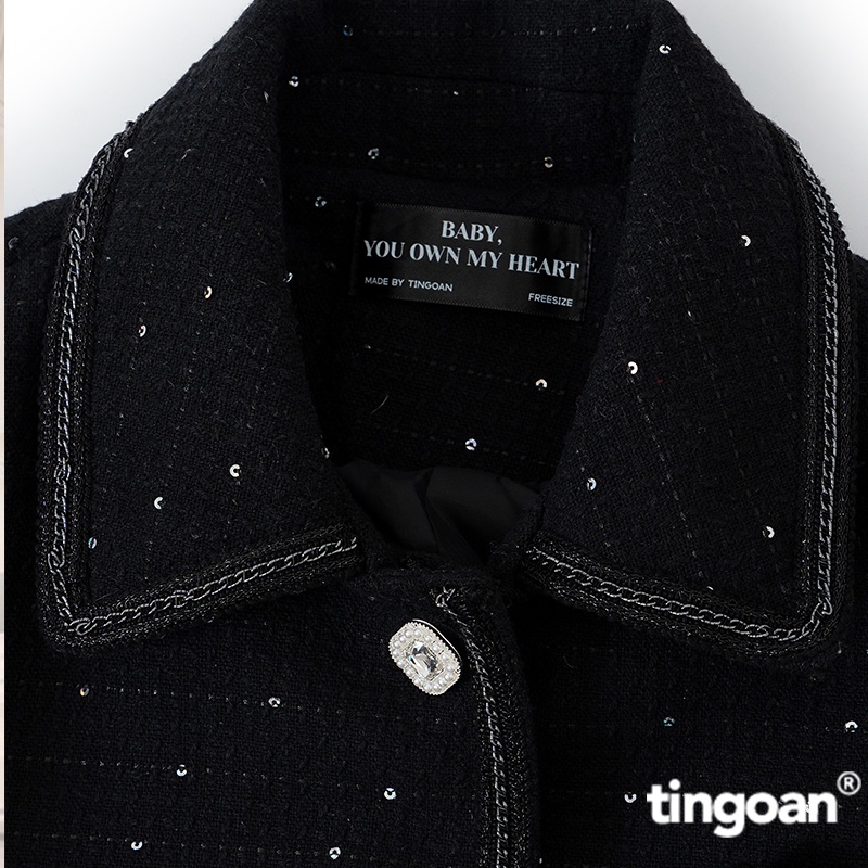 TINGOAN® - Áo khoác tweed đen cổ bẻ bện xích viền áo CRYSTAL LADY JACKET/BL