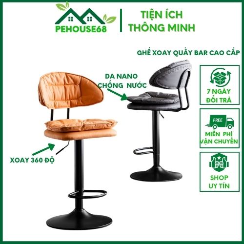 Ghế quầy bar cao tựa lưng cao cấp, ghế bar xoay Lễ tân chất liệu da PU chống thấm chân kim loại phủ sơn tĩnh điện