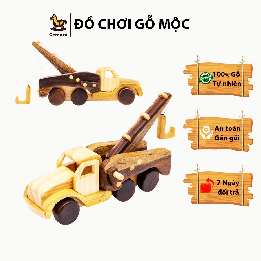 Xe Cần Cẩu Bằng Gỗ Tự Nhiên, Bánh Xe và Cần Cẩu Linh Hoạt - Đồ Chơi Gỗ Gemoni.