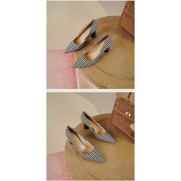 Giày Cao Gót Mũi Nhọn Họa Tiết Sọc Caro Phong Cách Retro