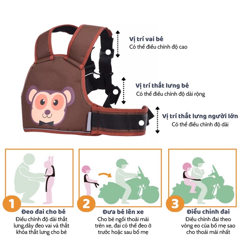 Đai xe máy cho bé từ 1-10 tuổi, dây đai an toàn cho bé ngồi xe máy, dày dặn họa tiết đáng yêu - Orgavil