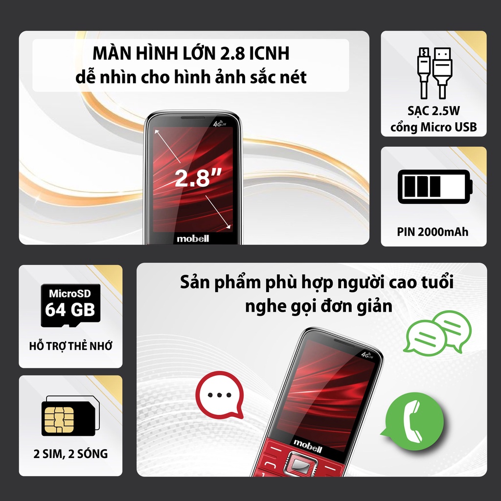 Điện Thoại Mobell M539 Chính Hãng 2 SIM 4G Hỗ Trợ Mở Rộng Bộ Nhớ 64Gb Bảo 12 Tháng