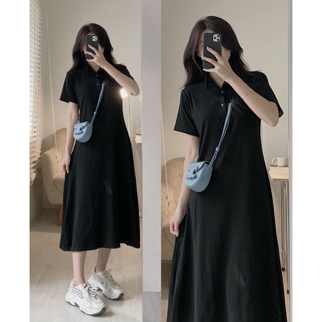 Đầm polo cổ đức dáng suông EMIX, váy chữ A dáng dài, chất cotton, cộc tay, freesize dưới 55kg 1047