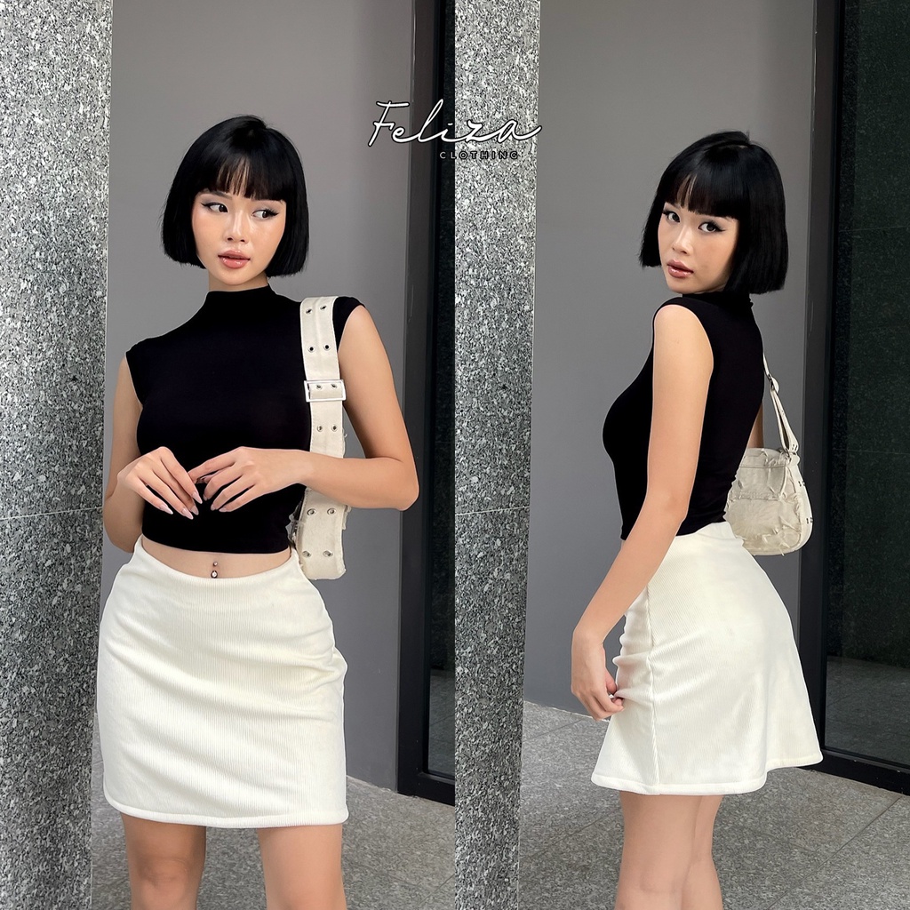 Áo croptop nữ dáng ôm cổ lọ thấp tay con chất thun cotton co giãn – Feliza Clothing