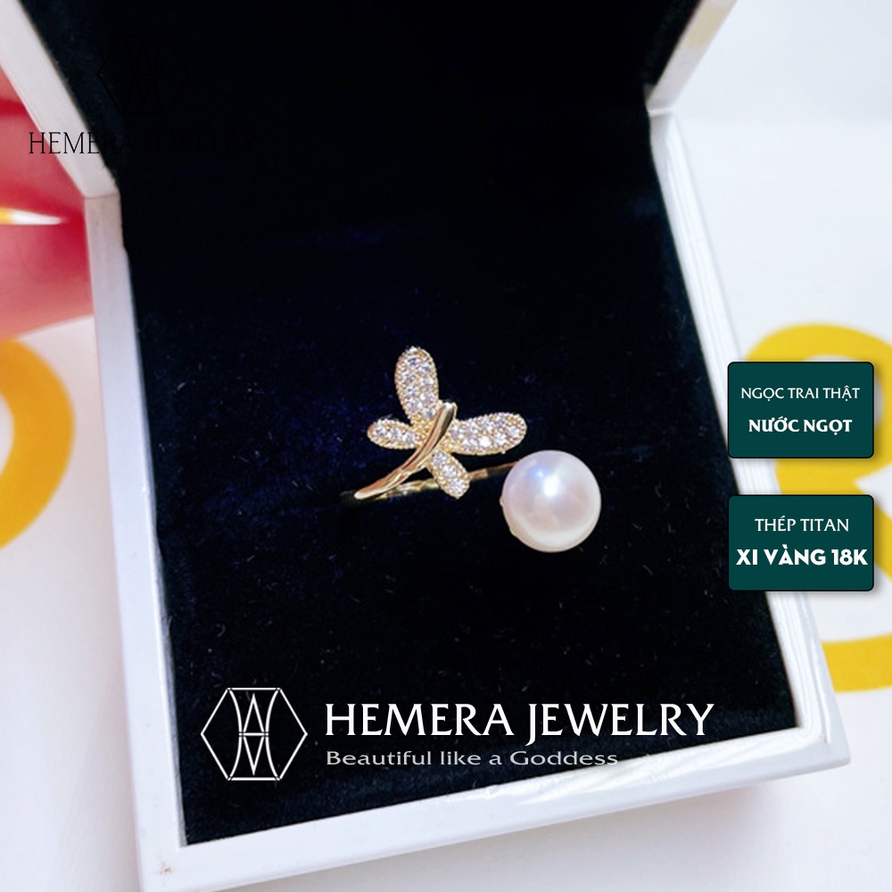 Nhẫn nữ Hemera hạt trai nuôi nước ngọt chuôi thép xi vàng giữ màu hình vương miện HMR23