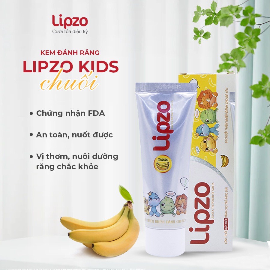 Kem Đánh Răng Trẻ Em Lipzo Vị Chuối Bảo Vệ Răng Sữa 75g Hữu Cơ Ngọt Thơm An Toàn Nuốt Được
