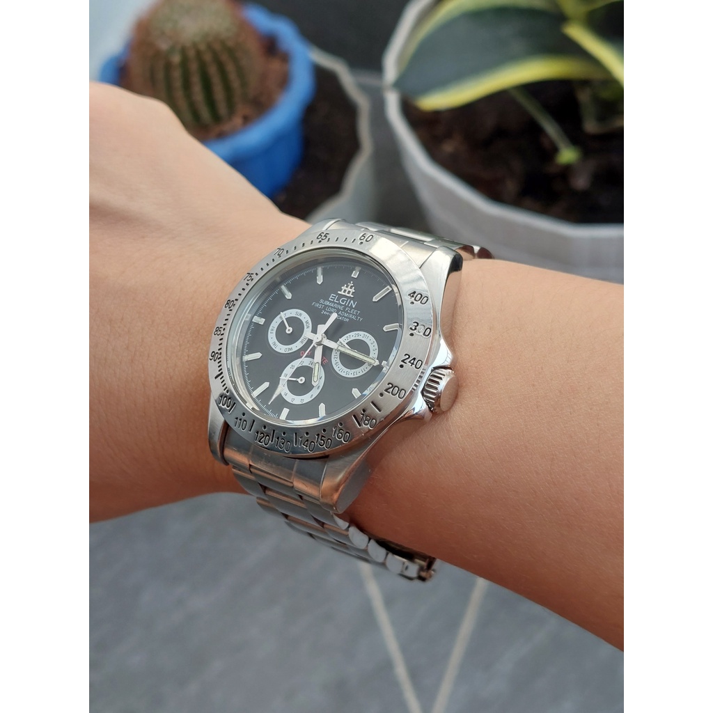 Đồng hồ nam Elgin 6 kim mặt đen chạy pin hàng Si
