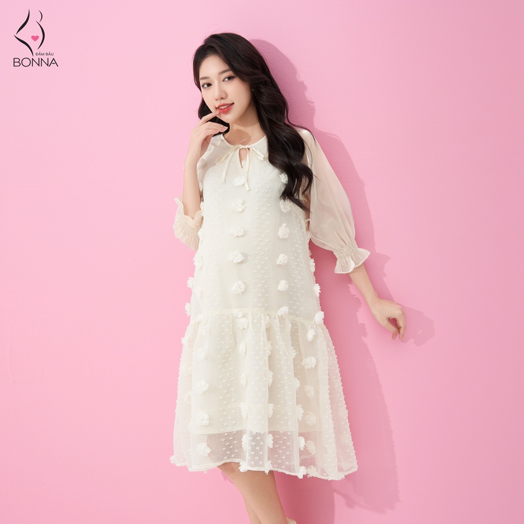 Đầm bầu công sở BONNA dáng suông tay lỡ thanh lịch, nữ tính, chất voan thêu hoa nổi cao cấp, dáng váy đuôi cá VS318