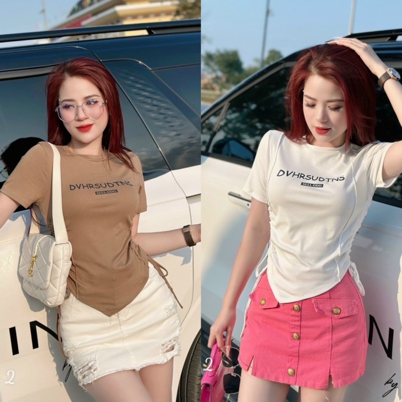 Áo Thun In Chữ Croptop Vạt Nhọn Rút Eo Tay Ngắn