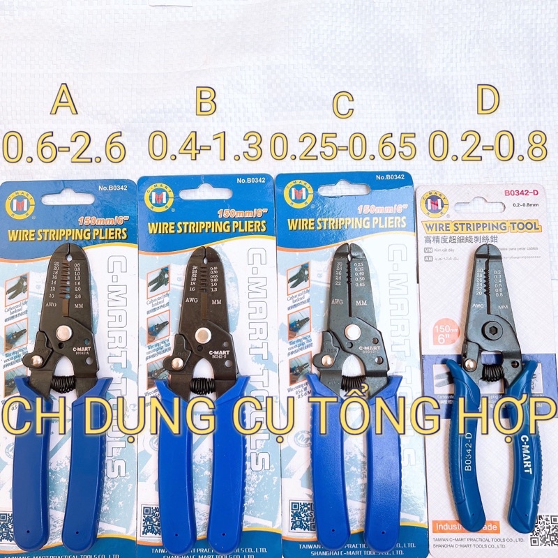 Kềm tuốt dây điện 0.6-2.6 B0342-A/ 0.4-1.3 B0342-B/ 0.25-0.65 B0342-C/ 0.2-0.8 B0342-D C'Mart (Kìm tuốt dây điện)