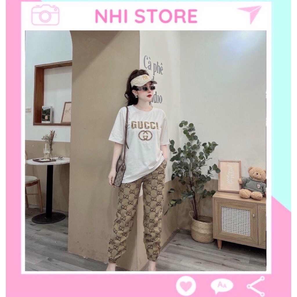 Set Bộ Thun Nữ NhiStore Áo Thun Tay Ngắn Form Rộng Cotton Thêu Chữ Phối Quần 3D In Họa Tiết Rằn Da 45 - 65Kg