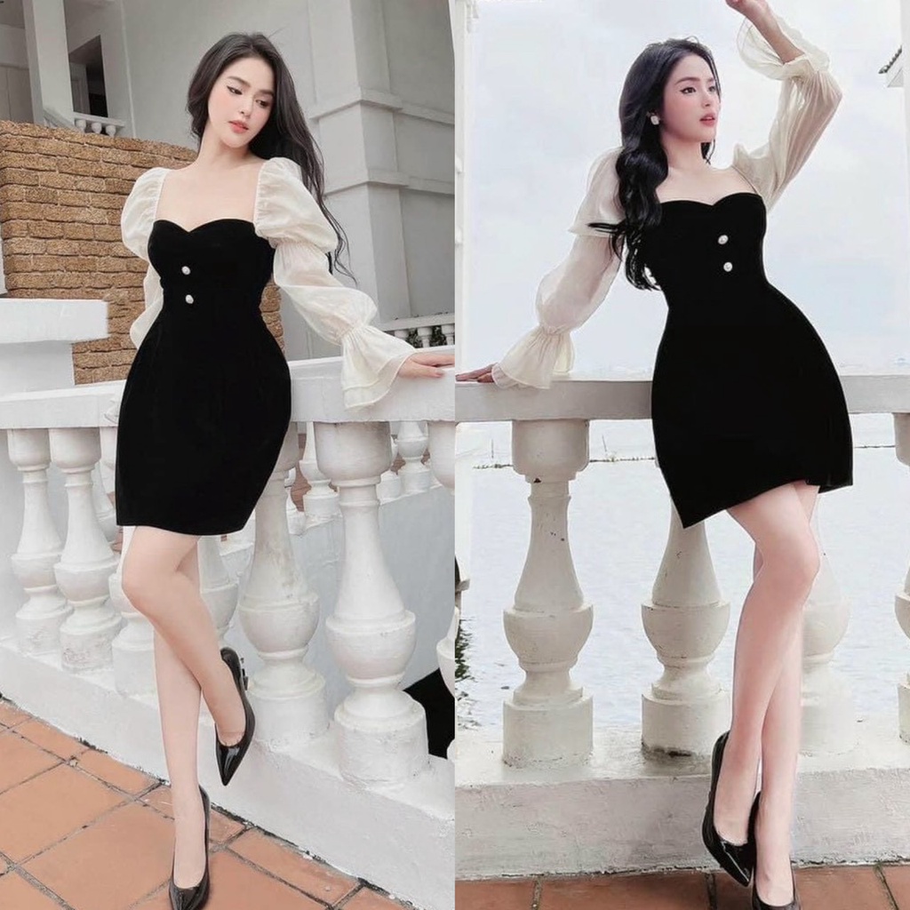 Đầm váy nữ tay phồng, cúp ngực, đính nút mix cùng dáng váy chữ A sang chảnh dành cho các nàng đi tiệc, hẹn hò siêu xinh.