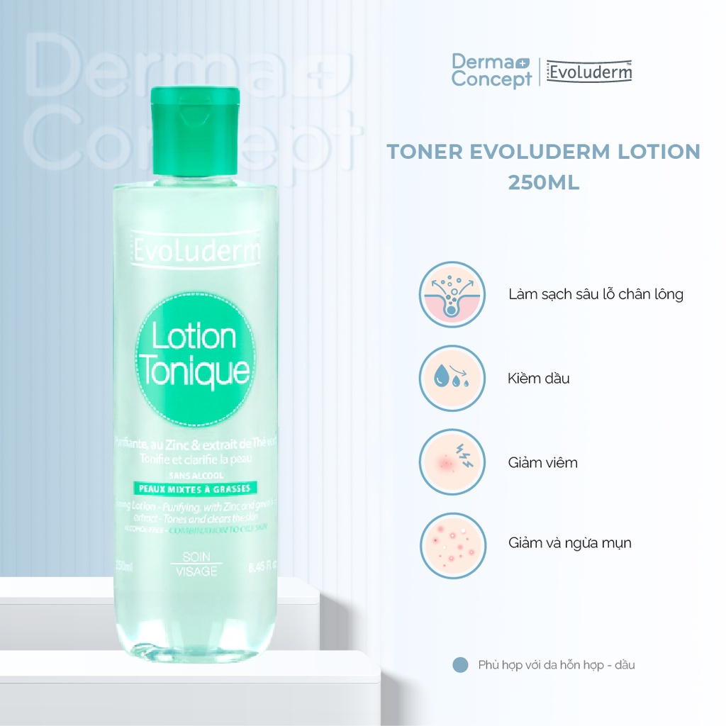 Toner Evoluderm Lotion Tonique kiềm dầu, giảm và ngừa mụn cho da hỗn hợp, da dầu mụn 250ml