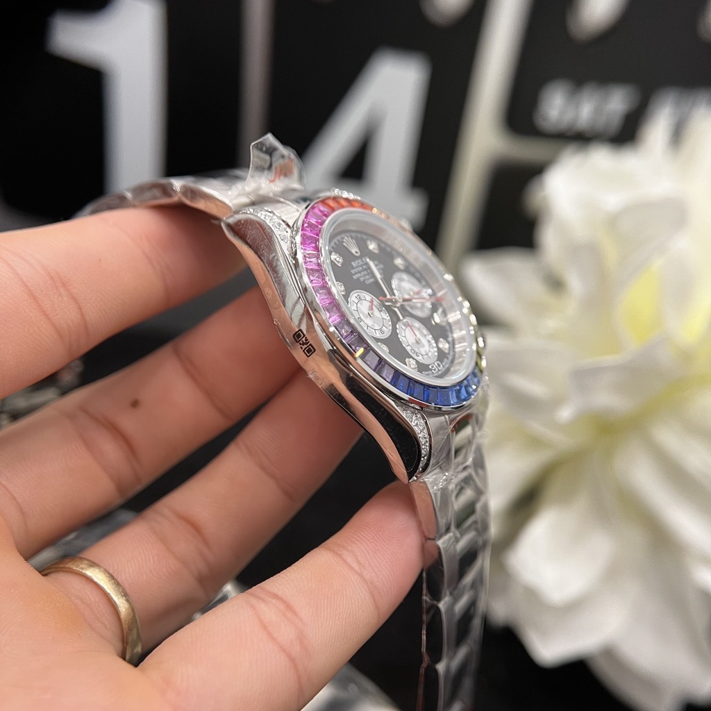 Đồng hồ Nam Rolex dây kim loại đá màu máy nhật dòng cơ Automatic vỏ đá trắng size 41mm