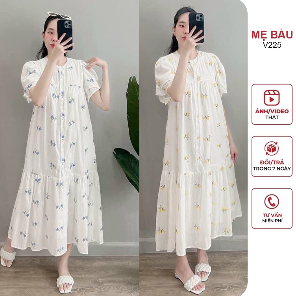 VÁY BẦU TIỂU THƯ PHỐI HOA NHÍ CỰC XINH DÁNG MAXI - ĐẦM BẦU CÔNG SỞ MÙA HÈ MẶC ĐI LÀM ĐI CHƠI FREESIZE
