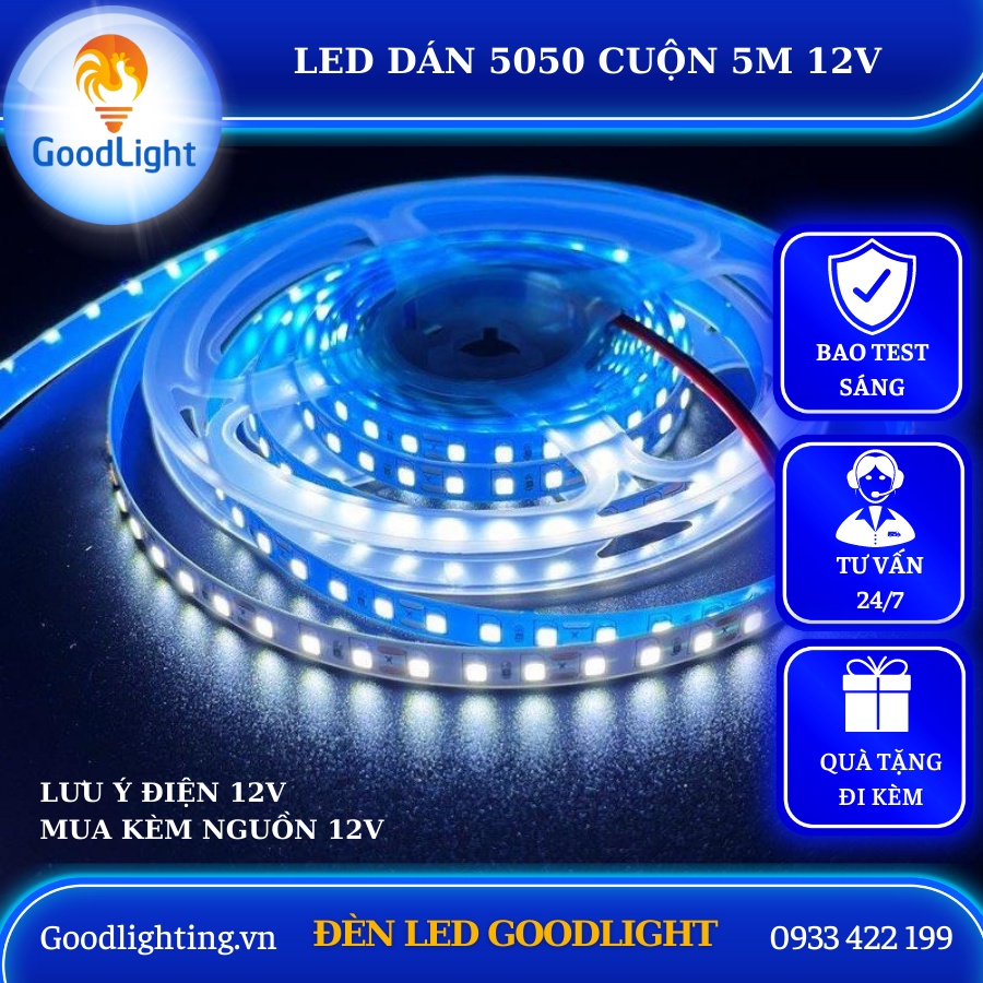Led dây dán 5050 điện 12V cuộn 5M, sử dụng trang trí trong nhà, tủ kệ, tủ bếp, kệ trưng bày