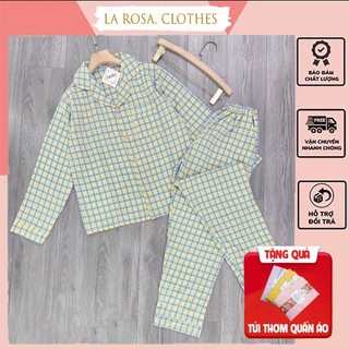 Đồ ngủ nữ mặc nhà dài tay chất đũi nhung, bộ đồ mặc nhà kẻ caro, bộ pyjama dài tay cổ truyền thống