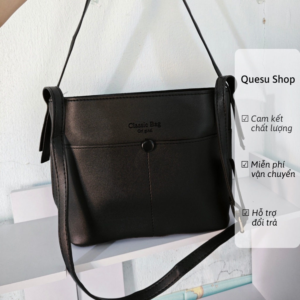 Túi da đeo vai công sở Classic Quesu size to đeo chéo đi làm cho nữ màu da đen nâu