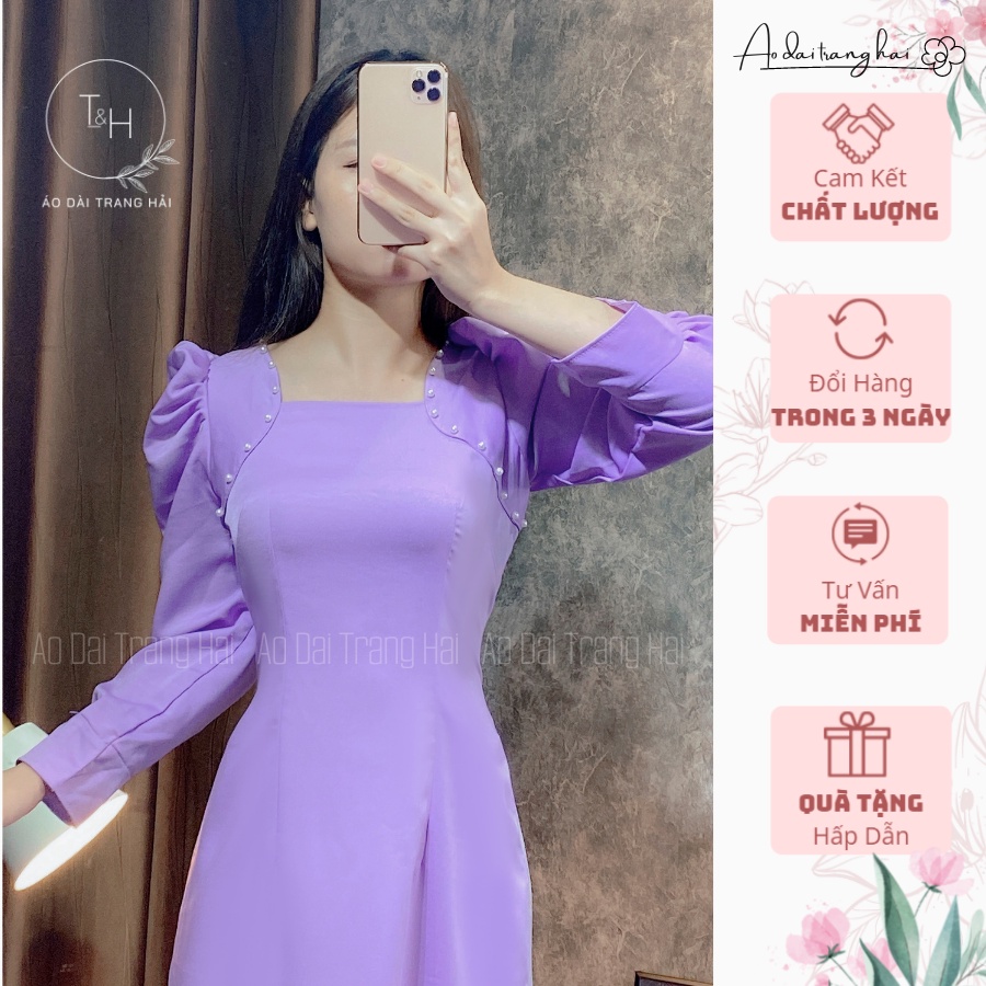 Áo dài cách tân cổ vuông tay bồng đính hạt-Trang Hải