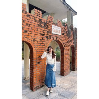 Chân váy jeans dáng dài xòe viền gấu trơn basic