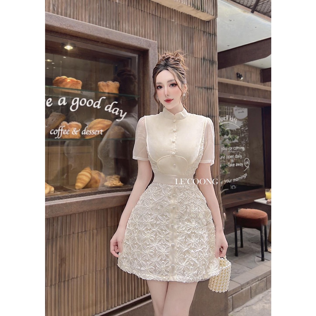 Đầm Nữ Cổ Tàu LECOONG V332 Váy Đi Tiệc Dáng Ngắn Ren Hoa Phối Tơ Tiểu Thư Sang Trọng