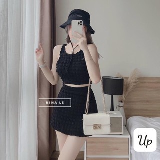Sét bộ áo croptop sát nách phối chân váy ngắn chất xốp vuông cực xinh
