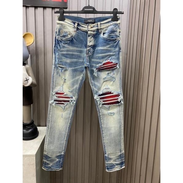 Quần JEAN Skinny AMIRI Nam Wash Xanh Khói Rách Xù Viền Vá Vải Nhăn Đỏ Quần Bò Nam Xanh Khói Gối Vá Đỏ