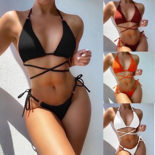 [BKN1188] <ÂU> SET BIKINI TRIANGLE ĐAN DÂY EO VẢI GÂN TRẮNG/CAM/NÂU/ĐEN( LỌT KHE)