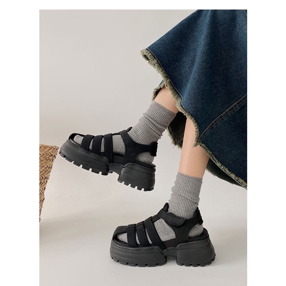 Giày sandal mũi rọ nữ phong cách la mã đế cao 6cm chất liệu vải đế cao su phong cách cá tính ulzzang