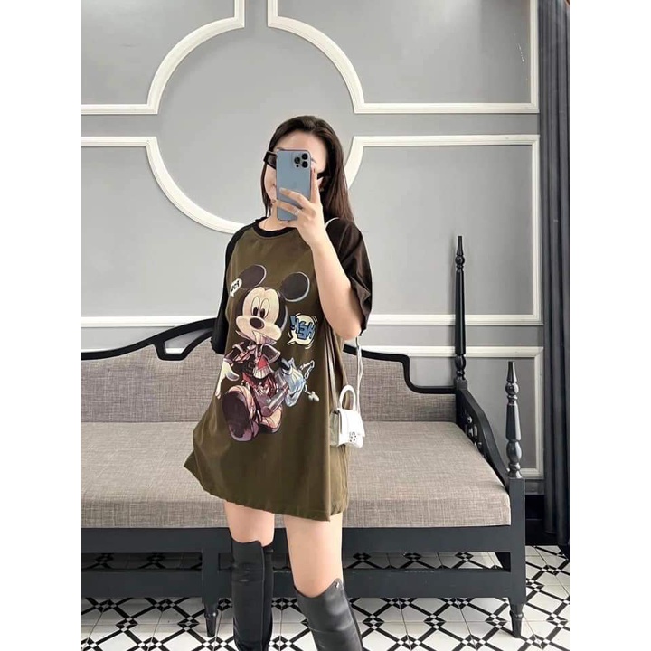 Áo phông thun form rộng unisex 3158 mặc đôi chất cotton hình mickey phối tay