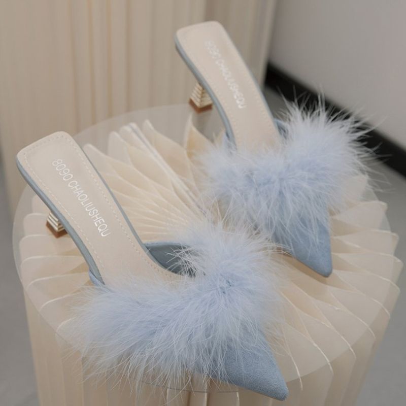 Giày Cao Gót Mũi Nhọn Phối Lông Tua Rua Thời Trang Cho Nữ