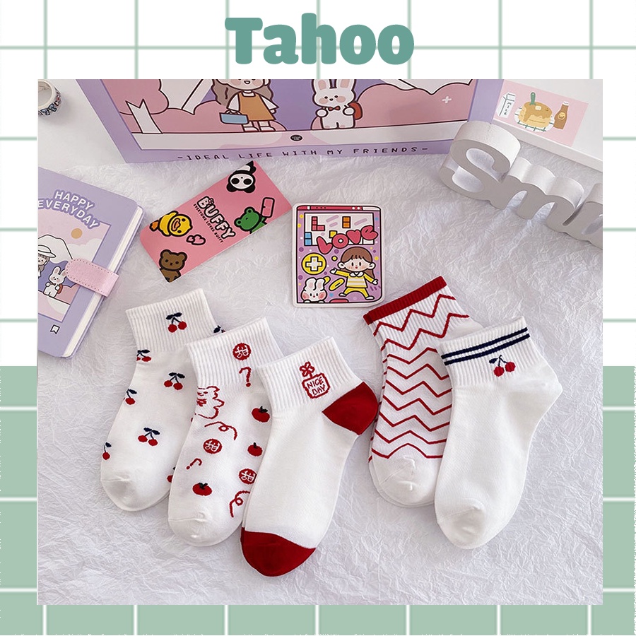 Tất vớ nữ cổ ngắn cotton hoạ tiết cherry đỏ dễ thương