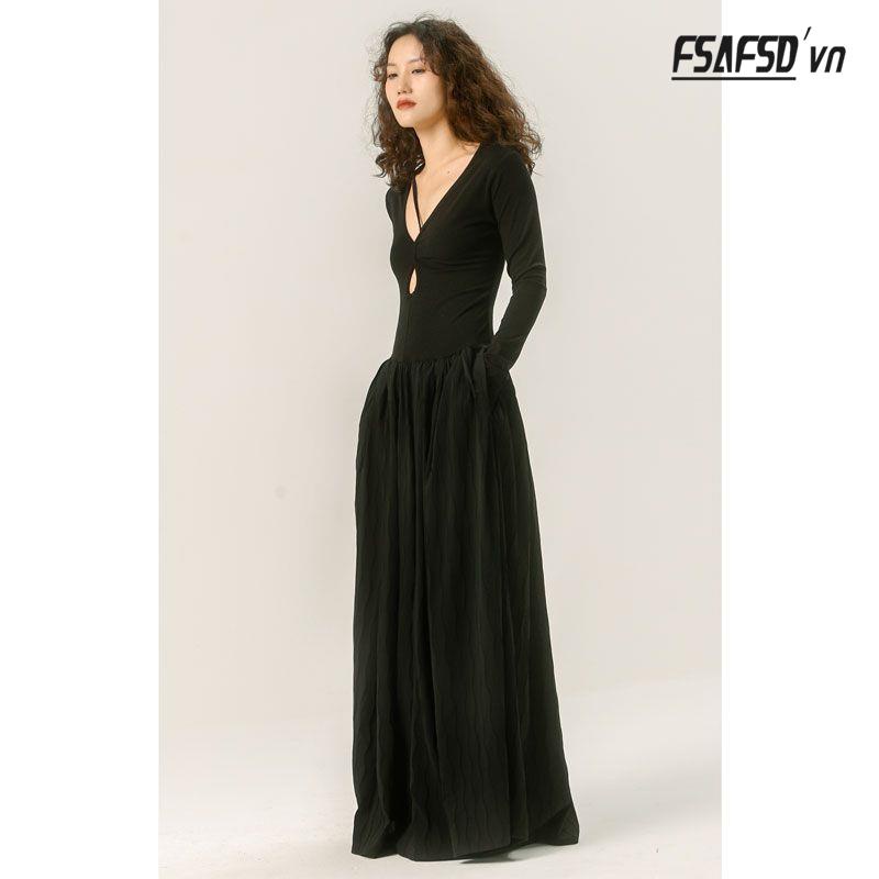 Đầm Thể Thao Dệt Kim Màu Đen Cổ Chữ V Năng Động Thời Trang Theo Phong Cách Pháp