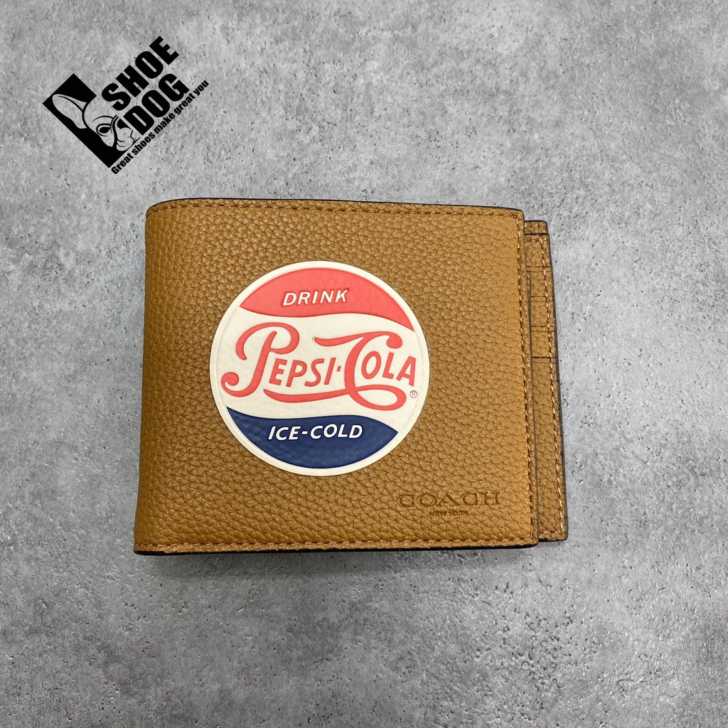 Bóp ví ngắn hàng hiệu nam nữ Coach gập đôi có tặng kèm card holder màu be Pepsi-Cola