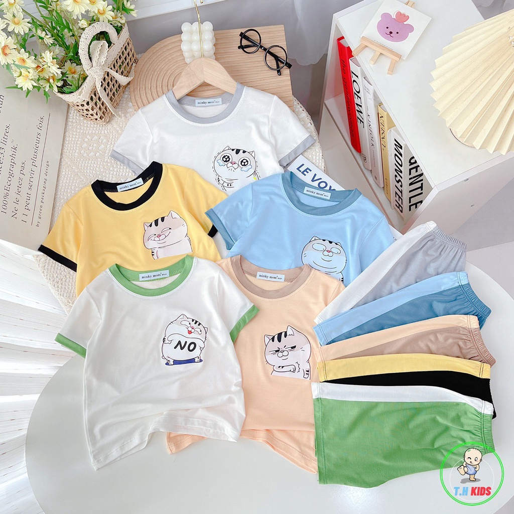 Bộ cộc tay, bộ quần áo cho bé trai, bé gái MINKY MOM in Mèo Ngố kute in pet không bong tróc