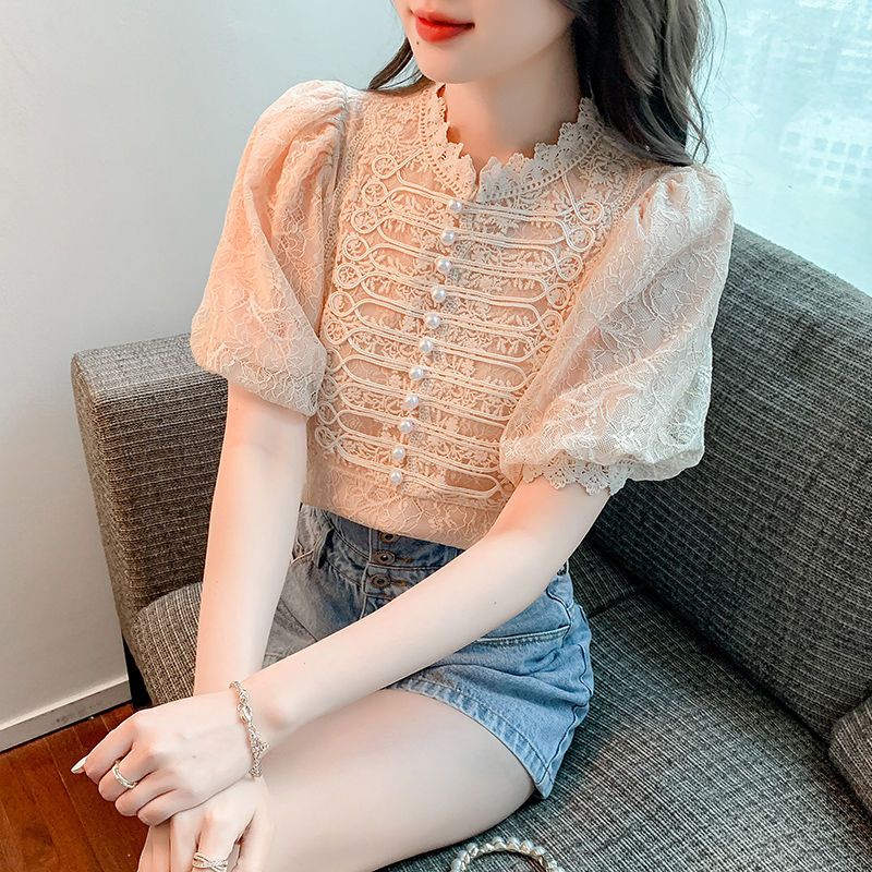 Áo Ren Cổ Đứng Đính Hạt Phong Cách Pháp Thời Trang Mùa Hè Cho Nữ