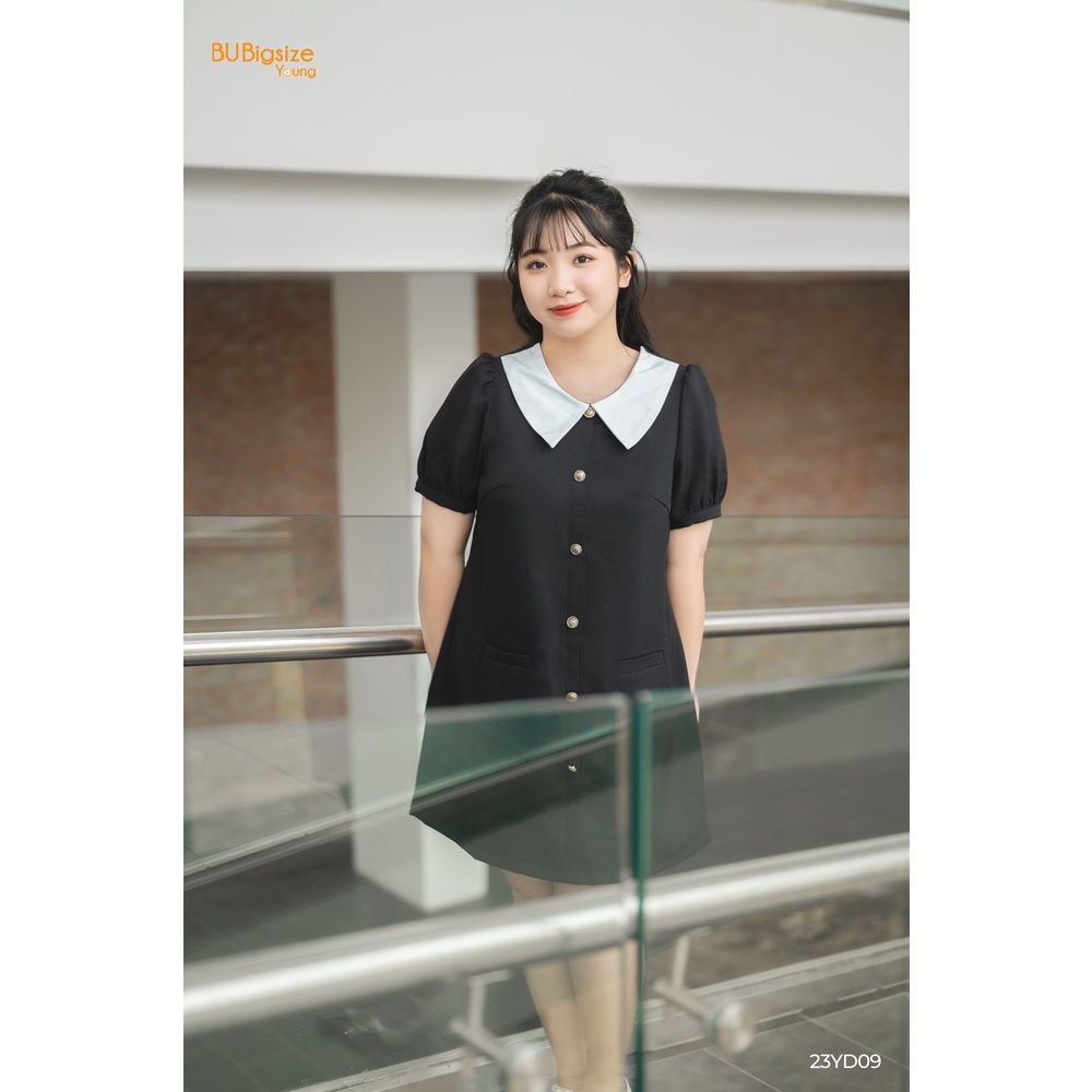 Đầm phối cổ trắng nhọn 2 túi cơi BIGSIZE (55kg đến 95kg) - 23YD09 - [BU Bigsize Young]