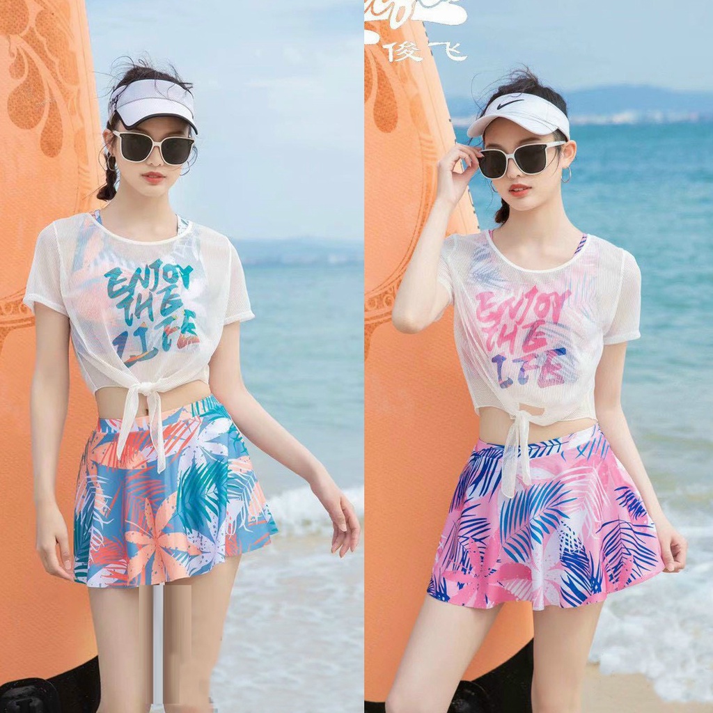 Bộ bơi bikini 2 mảnh kèm áo choàng ngoài buộc vạt, quần váy tôn dáng che khuyết điểm cho nữ đi biển cao 155-165cm