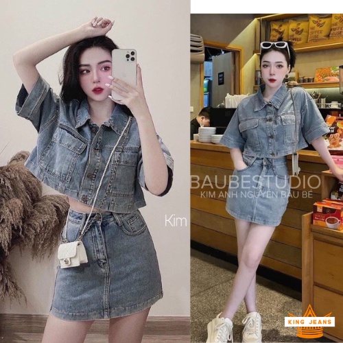 Set Jean Nữ Chân Váy Chữ A, Set Bò Nữ Áo Croptop Chân Váy Chữ A Sang Chảnh