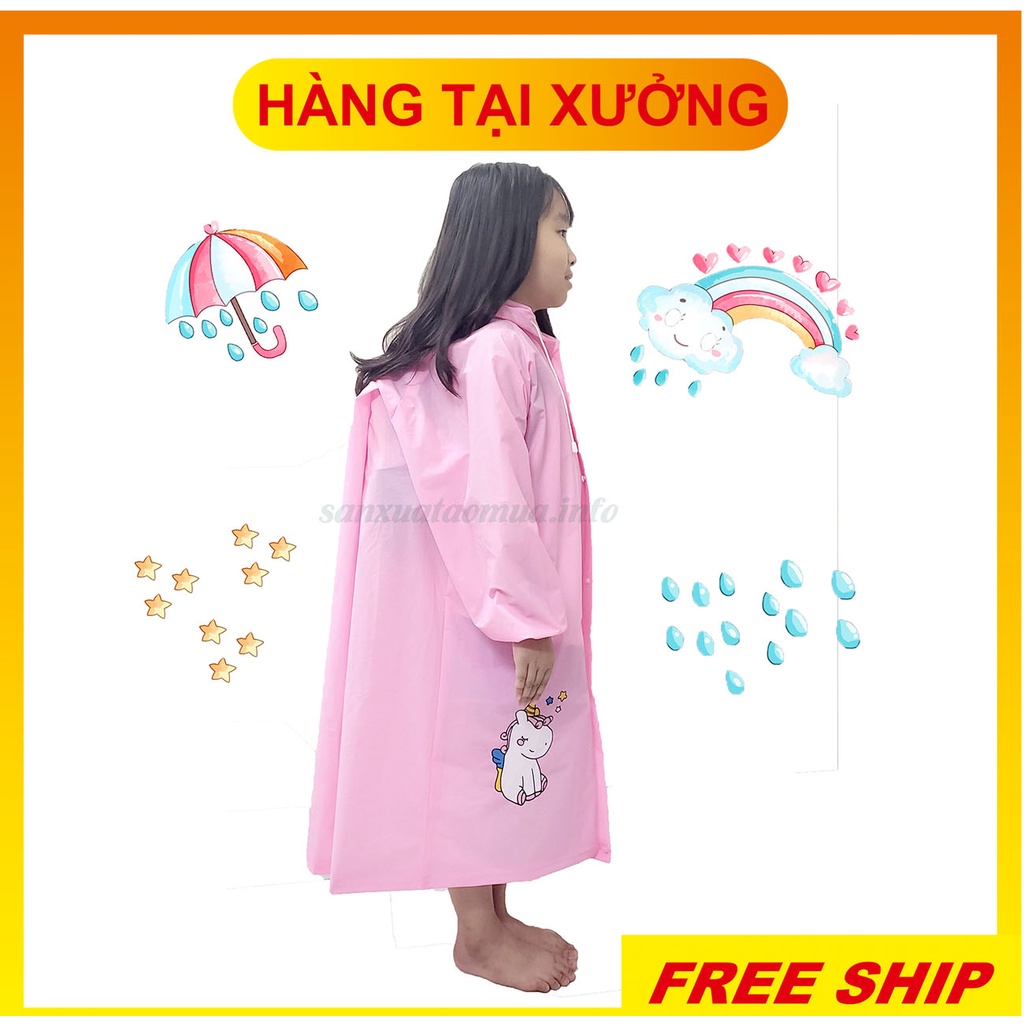 Áo mưa DÂY KÉO MĂNG TÔ ĐEO BALO cho bé - màng nhựa PVC siêu bền hoạt tiết Ngựa cầu vòng - Khủng Long - Spride Men cute.