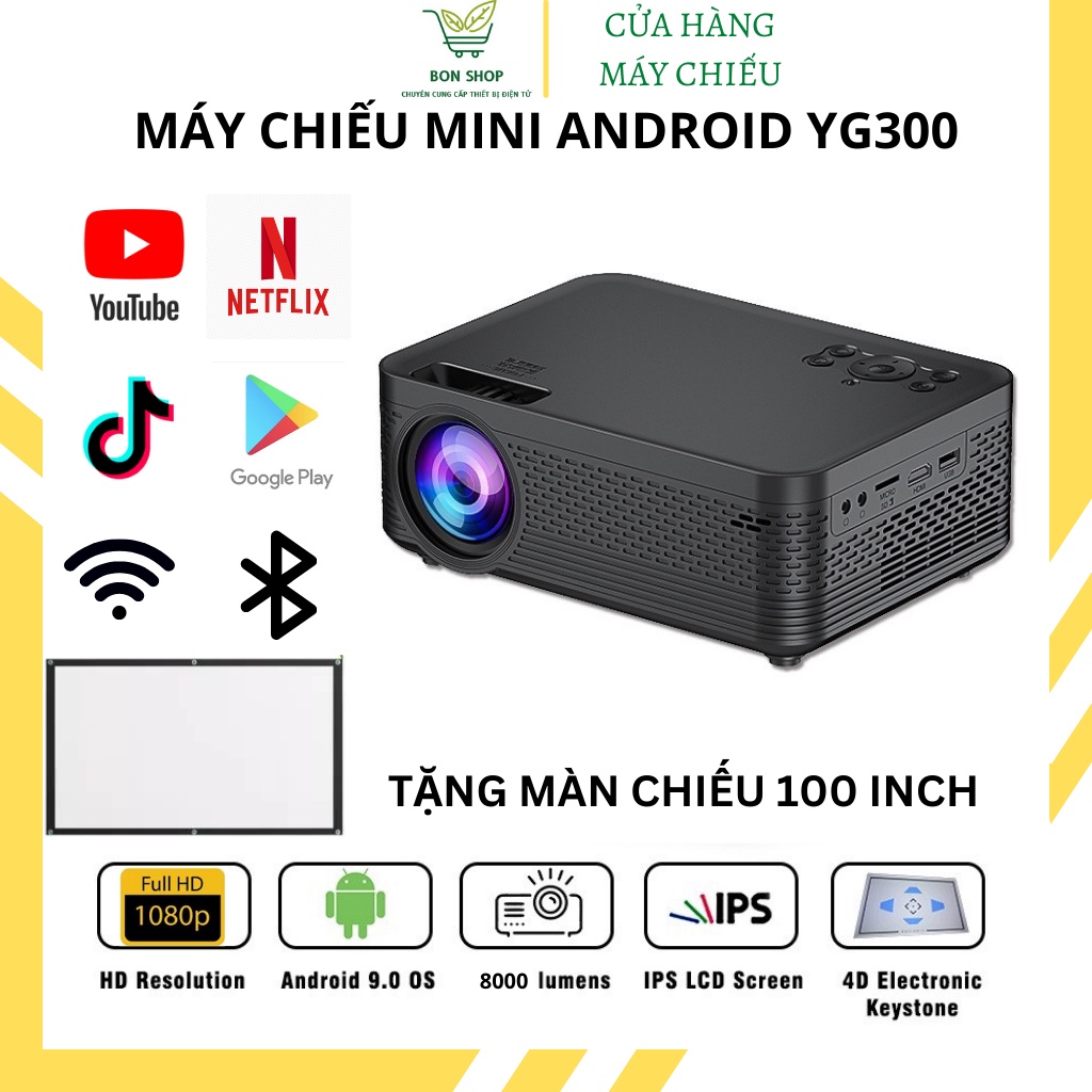 Máy chiếu mini YG300, máy chiếu Android 9.0 FullHD kết nối không dây qua Wifi - Tặng màn hinh chiếu 100 inch - SET2393