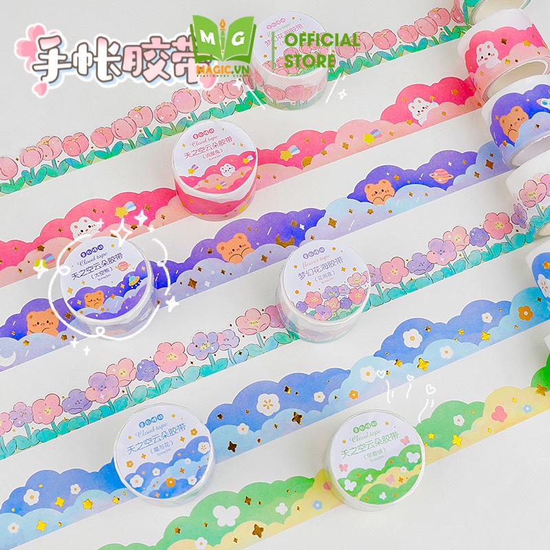 Washi Tape Cute MAGIC Hình Phong Cảnh, Hoa, Đám Mây To Trang Trí Sổ Tay, Bullet Journal, Đồ Dùng Học Tập Dễ Thương W2