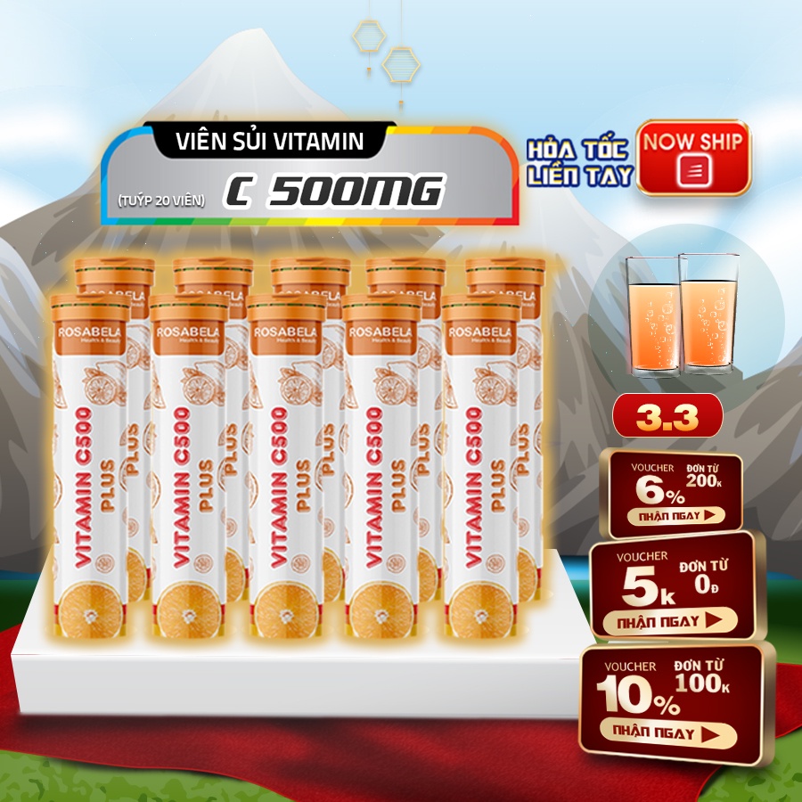 Viên sủi bổ sung Vitamin C 500mg, hỗ trợ giúp tăng cường sức khỏe, nâng cao sức đề kháng, mùi vị cam dễ uống (20 viên)