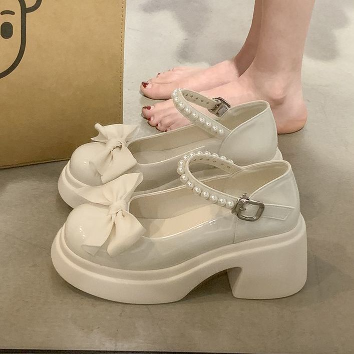 Giày nữ lolita thời trang với nơ ngọc trai đáy dày