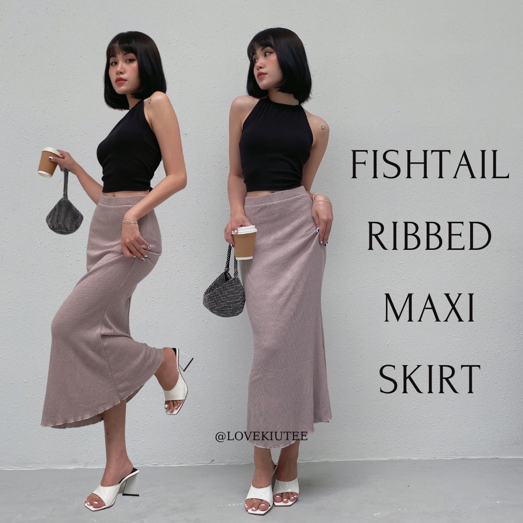 Chân váy dài đuôi cá năng động Fishtail Ribbed Maxi Skirt LOVEKIUTEE