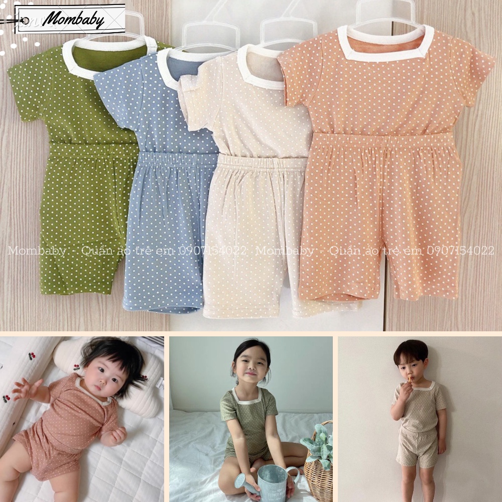 (Quảng Châu) Bộ Ngắn Tay Thun Tăm Cổ Vuông Hoạ Tiết Chấm Bi Cho Bé