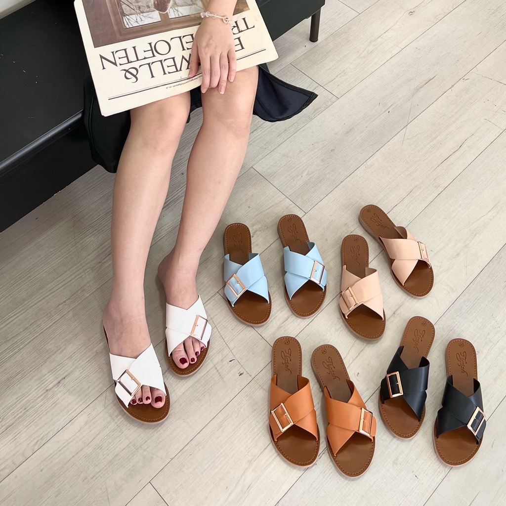 Dép Lê nữ quai chéo chất liệu da nhiều màu, đế TPR dẻo chống trơn trượt